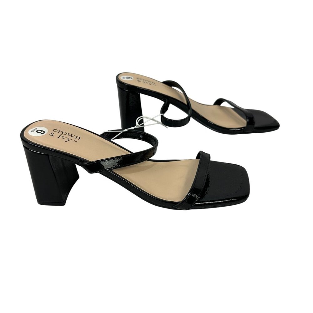 crown & ivy Black Patent Block Heel Strappy Sandals
